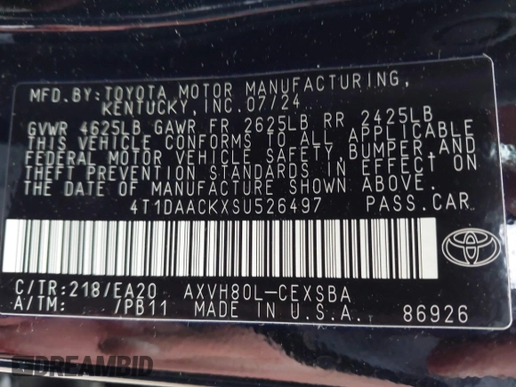 2025 Toyota Camry LE with VIN 4T1DAACKXSU526497, listed as a IAAI auction lot 42211721 with 22,312 mi miles and . Bid and sale history available at DreamBid. Image 9.