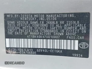 2007 Toyota Camry LE with VIN 4T1BK46K47U010807, listed as a IAAI auction lot 42250890 with 251,083 mi miles and . Bid and sale history available at DreamBid. Image 9.
