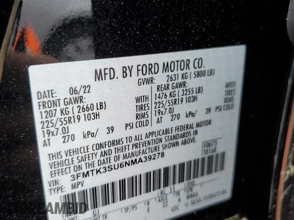 2022 Ford Mustang Mach-E Premium with VIN 3FMTK3SU6NMA39278, listed as a Copart auction lot 61228515 with 40,709 mi miles and Salvage title. Bid and sale history available at DreamBid. Image 12.