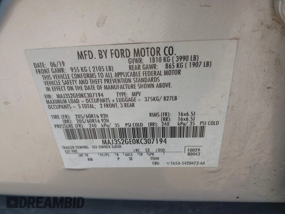2019 Ford EcoSport SE with VIN MAJ3S2GE0KC307194, listed as a IAAI auction lot 42113858 with 47,479 mi miles and . Bid and sale history available at DreamBid. Image 9.