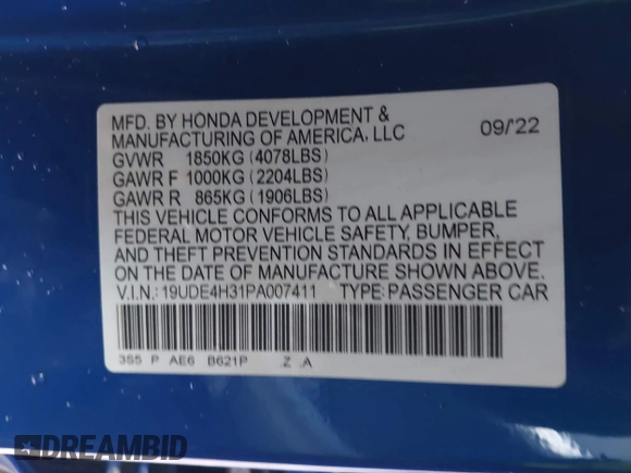 2023 Acura Integra w/A-Spec Package with VIN 19UDE4H31PA007411, listed as a IAAI auction lot 41778485 with 23,170 mi miles and . Bid and sale history available at DreamBid. Image 9.