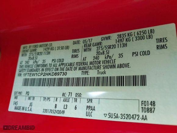 2017 Ford F-150 XL with VIN 1FTEW1CP2HKD89730, listed as a IAAI auction lot 41417764 with 108,687 mi miles. Bid and sale history available at carsss.com. Image 9.