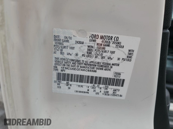 2010 Ford Escape Limited with VIN 1FMCU0EG7AKC65586, listed as a Copart auction lot 48873835 with 234,286 mi miles and Clean title. Bid and sale history available at DreamBid. Image 13.