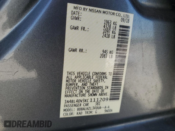 2019 Nissan Altima 2.5 SV with VIN 1N4BL4DV3KC111209, listed as a Copart auction lot 53860235 with 128,037 mi miles and Clean Title. Bid and sale history available at carsss.com. Image 12.