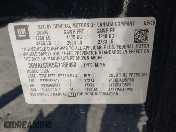 2016 Chevrolet Equinox LT with VIN 2GNALCEK5G1186499, listed as a IAAI auction lot 41639243 with 153,945 mi miles and . Bid and sale history available at DreamBid. Image 9.