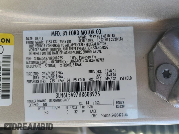 2017 Lincoln MKZ Premiere with VIN 3LN6L5A97HR608925, listed as a Copart auction lot 48539585 with 61,477 mi miles and Salvage Title. Bid and sale history available at DreamBid. Image 14.