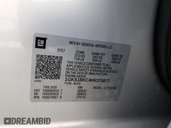 2017 GMC Yukon SLT z VIN 1GKS1BKC4HR375877, wystawiony jako Copart lot #55150545 z przebiegiem 144 788 mil mil oraz Szkoda całkowita • Salvage title. Historia ofert i sprzedaży dostępna na DreamBid. Obrazek 13.