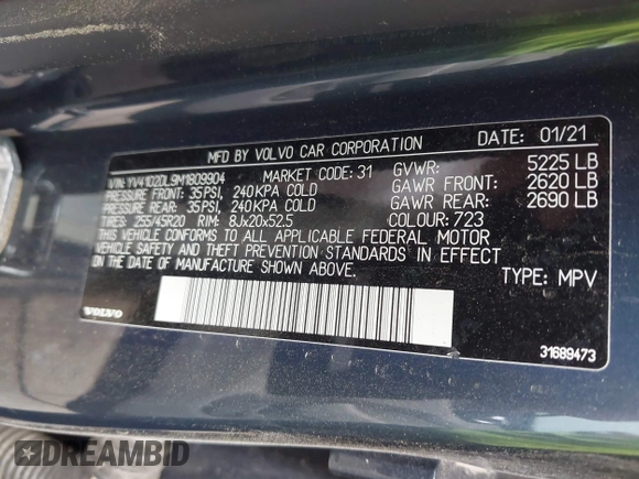 2021 Volvo XC60 Inscription с VIN YV4102DL9M1809904, выставлен на аукционе IAAI как лот 41953852 с пробегом 20 311 миль миль и . История ставок и продаж доступна на DreamBid. Изображение 9.