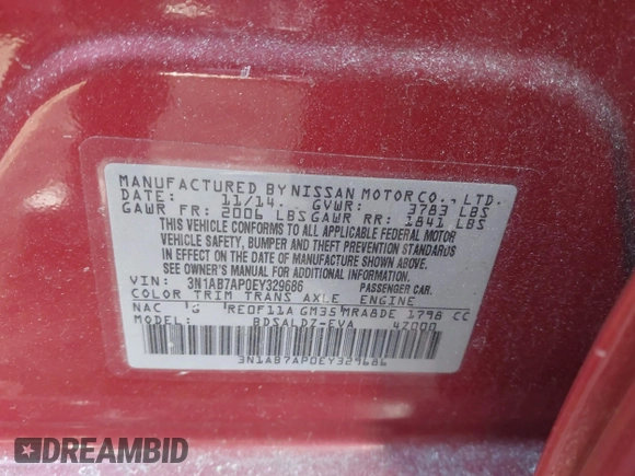 2014 Nissan Sentra SR with VIN 3N1AB7AP0EY329686, listed as a IAAI auction lot 41355239 with 101,258 mi miles and . Bid and sale history available at DreamBid. Image 9.