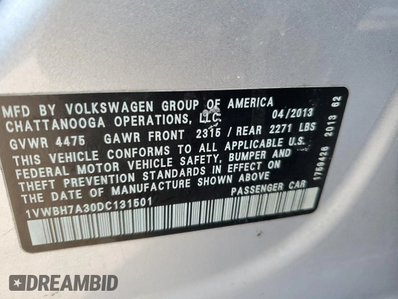 2013 Volkswagen Passat SE with VIN 1VWBH7A30DC131501, listed as a Copart auction lot 47934544 with 202,619 mi miles and Salvage Title. Bid and sale history available at carsss.com. Image 12.