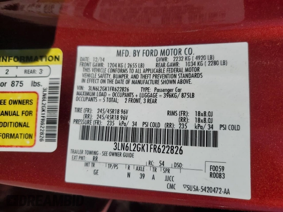 2015 Lincoln MKZ with VIN 3LN6L2GK1FR622826, listed as a Copart auction lot 50158725 with Not Provided miles and Salvage Title. Bid and sale history available at DreamBid. Image 14.