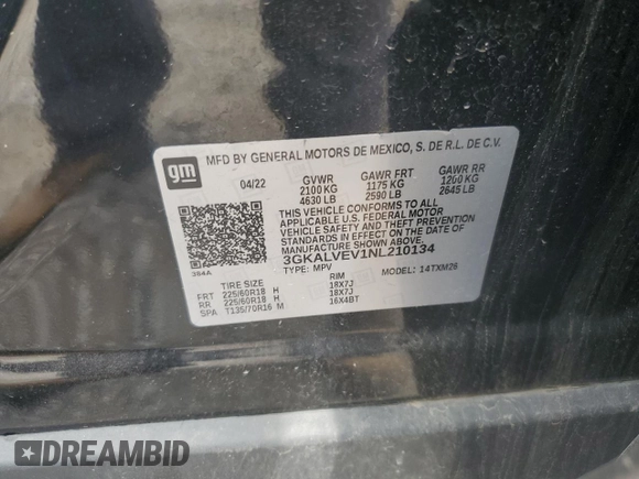 2022 GMC Terrain SLT with VIN 3GKALVEV1NL210134, listed as a Copart auction lot 59358745 with 66,658 mi miles and Salvage title. Bid and sale history available at DreamBid. Image 13.