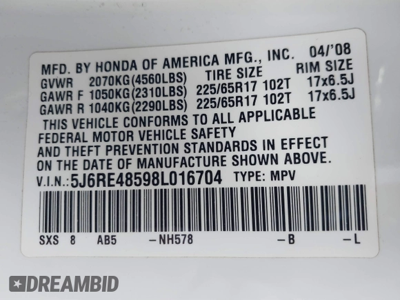 2008 Honda CR-V EX with VIN 5J6RE48598L016704, listed as a IAAI auction lot 41687375 with 260,524 mi miles. Bid and sale history available at carsss.com. Image 9.