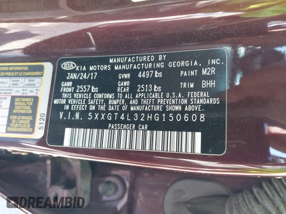 2017 Kia Optima LX with VIN 5XXGT4L32HG150608, listed as a IAAI auction lot 41963406 with 71,521 mi miles. Bid and sale history available at carsss.com. Image 9.