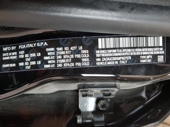 2021 Jeep Renegade Latitude with VIN ZACNJCBB5MPN27578, listed as a Copart auction lot 45350615 with NaN miles and Salvage Title. Bid and sale history available at carsss.com. Image 14.
