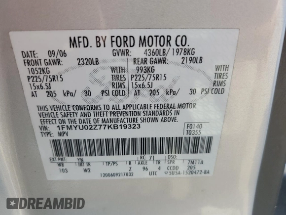 2007 Ford Escape XLS с VIN 1FMYU02Z77KB19323, выставлен на аукционе Copart как лот 52345655 с пробегом 153 509 миль миль и Списание • Salvage title. История ставок и продаж доступна на DreamBid. Изображение 13.