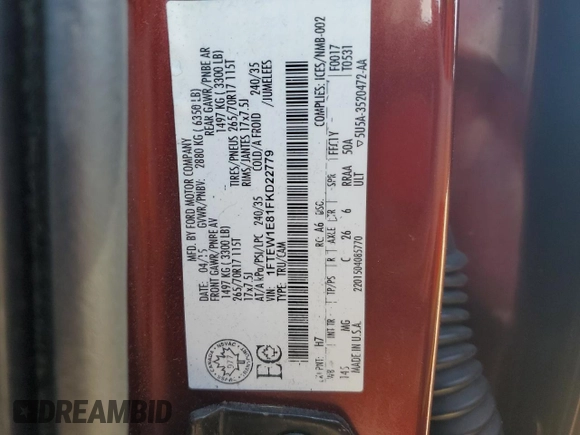 2015 Ford F-150 XLT with VIN 1FTEW1E81FKD22779, listed as a Copart auction lot 42975895 with 144,062 mi miles and Salvage Title. Bid and sale history available at carsss.com. Image 12.