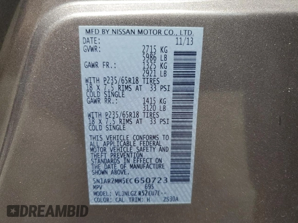 2014 Nissan Pathfinder SL with VIN 5N1AR2MM5EC650723, listed as a Copart auction lot 57839775 with 148,951 mi miles and Clean title. Bid and sale history available at DreamBid. Image 13.