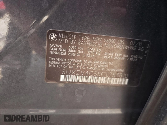 2012 BMW X5 35i z VIN 5UXZV4C55CL753810, wystawiony jako Copart lot #62405565 z przebiegiem 178 504 mil mil oraz Szkoda całkowita • Salvage title. Historia ofert i sprzedaży dostępna na DreamBid. Obrazek 13.