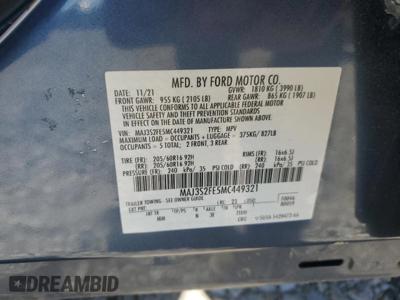 2021 Ford EcoSport S with VIN MAJ3S2FE5MC449321, listed as a Copart auction lot 48483015 with 10,875 mi miles and Salvage Title. Bid and sale history available at DreamBid. Image 15.