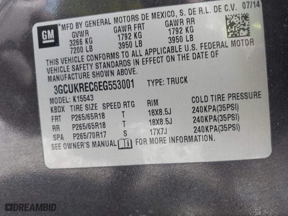 2014 Chevrolet Silverado 1500 LT with VIN 3GCUKREC6EG553001, listed as a IAAI auction lot 41415936 with 254,622 mi miles. Bid and sale history available at carsss.com. Image 9.