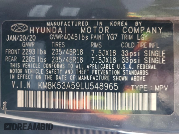 2020 Hyundai Kona Ultimate with VIN KM8K53A59LU548965, listed as a Copart auction lot 69809444 with 26,880 mi miles and Salvage Title. Bid and sale history available at carsss.com. Image 12.