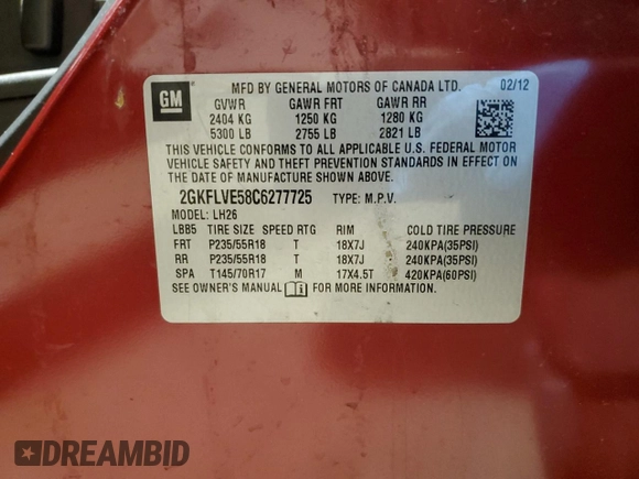 2012 GMC Terrain SLT-1 with VIN 2GKFLVE58C6277725, listed as a Copart auction lot 44500425 with 44,792 mi miles and Salvage Title. Bid and sale history available at carsss.com. Image 14.