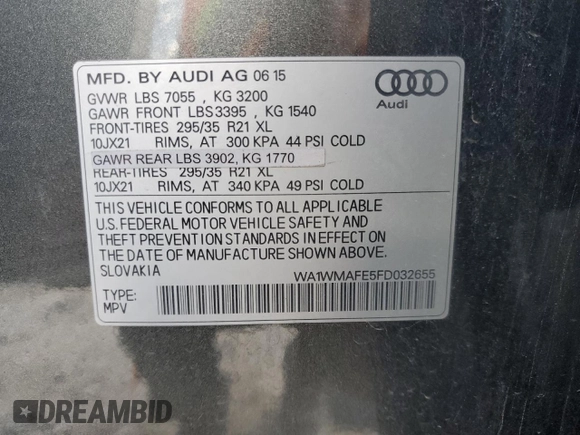 2015 Audi Q7 3.0L TDI Prestige with VIN WA1WMAFE5FD032655, listed as a Copart auction lot 84993104 with 96,965 mi miles and Salvage Title. Bid and sale history available at carsss.com. Image 14.