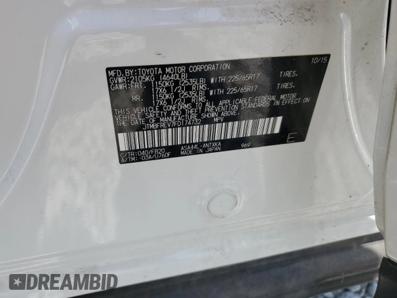 2015 Toyota RAV4 LE with VIN JTMBFREV7FD174732, listed as a Copart auction lot 64955875 with 109,435 mi miles and Salvage title. Bid and sale history available at DreamBid. Image 13.