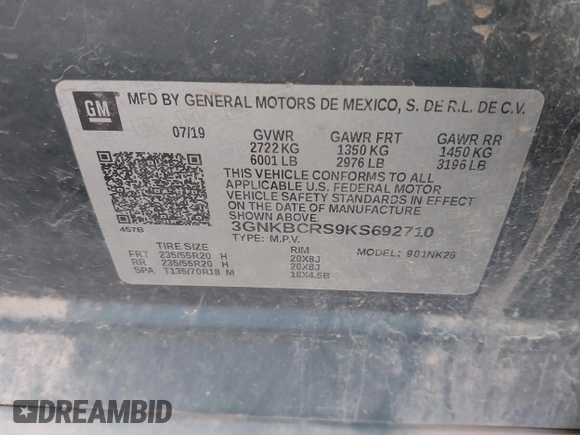 2019 Chevrolet Blazer with VIN 3GNKBCRS9KS692710, listed as a IAAI auction lot 41445591 with 87,216 mi miles and . Bid and sale history available at DreamBid. Image 9.