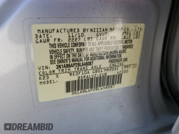 2011 Nissan Sentra SL with VIN 3N1AB6AP2BL648087, listed as a Copart auction lot 77675294 with Not Provided miles and Salvage Title. Bid and sale history available at DreamBid. Image 15.