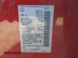 2013 Nissan Pathfinder S with VIN 5N1AR2MM7DC602719, listed as a IAAI auction lot 42144640 with 289,534 mi miles. Bid and sale history available at carsss.com. Image 9.