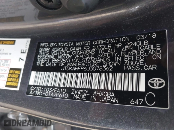 2018 Toyota Prius Plus with VIN JTDKARFP6J3078362, listed as a IAAI auction lot 42021835 with 61,170 mi miles and . Bid and sale history available at DreamBid. Image 9.