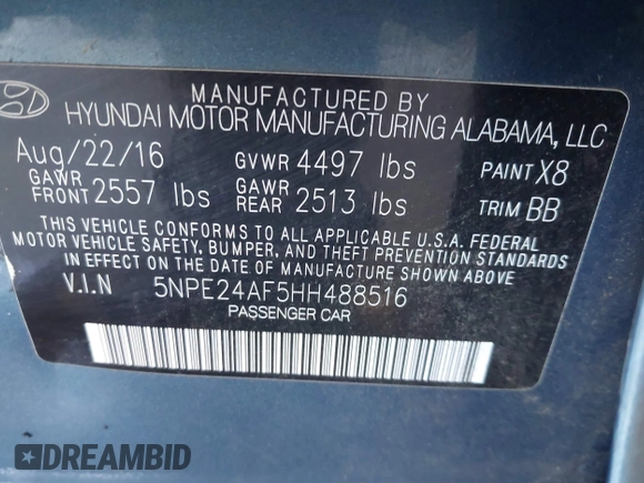 2017 Hyundai Sonata SE with VIN 5NPE24AF5HH488516, listed as a IAAI auction lot 41991400 with 183,514 mi miles. Bid and sale history available at carsss.com. Image 9.