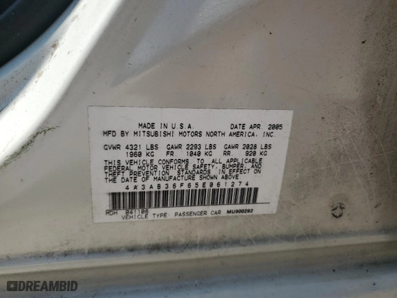 2005 Mitsubishi Galant ES with VIN 4A3AB36F65E061274, listed as a Copart auction lot 74226314 with 114536 miles and Salvage Title. Bid and sale history available at carsss.com. Image 12.