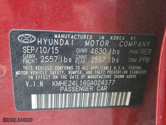 2016 Hyundai Sonata Hybrid SE with VIN KMHE24L16GA024377, listed as a Copart auction lot 44465865 with 0 mi miles and Salvage Title. Bid and sale history available at carsss.com. Image 15.