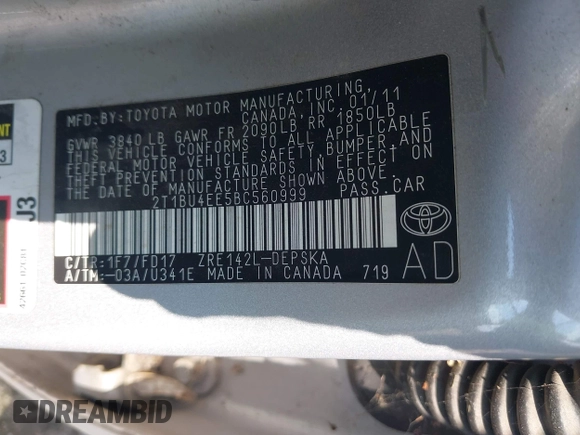 2011 Toyota Corolla L with VIN 2T1BU4EE5BC560999, listed as a IAAI auction lot 42008127 with 130,273 mi miles. Bid and sale history available at carsss.com. Image 9.