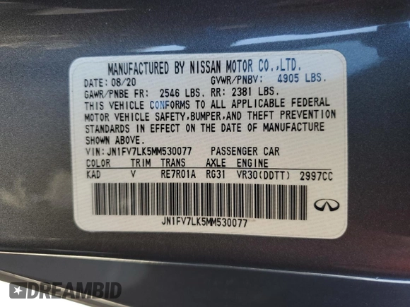 2021 Infiniti Q60 Red Sport 400 with VIN JN1FV7LK5MM530077, listed as a Copart auction lot 52732985 with 38,404 mi miles and Salvage title. Bid and sale history available at DreamBid. Image 13.