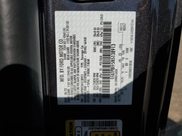 2022 Ford Mustang GT Premium z VIN 1FATP8FF5N5138913, wystawiony jako Copart lot #72603504 z przebiegiem 28 165 mil mil oraz Szkoda całkowita • Salvage title. Historia ofert i sprzedaży dostępna na DreamBid. Obrazek 12.