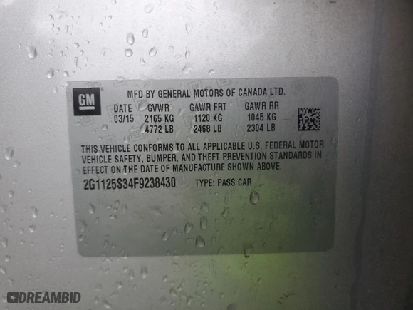 2015 Chevrolet Impala LT with VIN 2G1125S34F9238430, listed as a Copart auction lot 45340665 with 156,881 mi miles and Salvage Title. Bid and sale history available at carsss.com. Image 12.