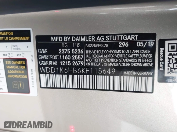2019 Mercedes-Benz E 450 with VIN WDD1K6HB6KF115649, listed as a IAAI auction lot 42141529 with 42,504 mi miles and . Bid and sale history available at DreamBid. Image 9.