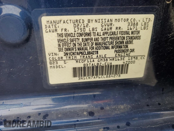 2012 Nissan Versa SL with VIN 3N1CN7AP6CL884278, listed as a Copart auction lot 51774245 with 163,084 mi miles and Salvage Title. Bid and sale history available at carsss.com. Image 12.