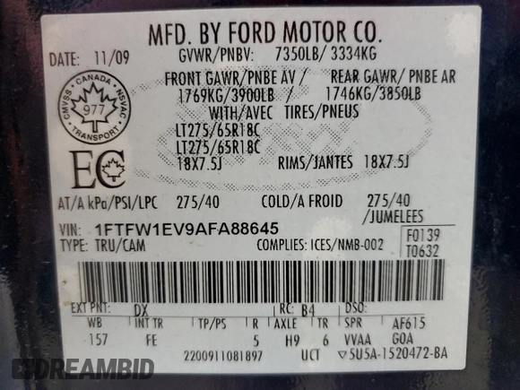 2010 Ford F-150 XL with VIN 1FTFW1EV9AFA88645, listed as a Copart auction lot 52750215 with 149,412 mi miles and Clean title. Bid and sale history available at DreamBid. Image 12.