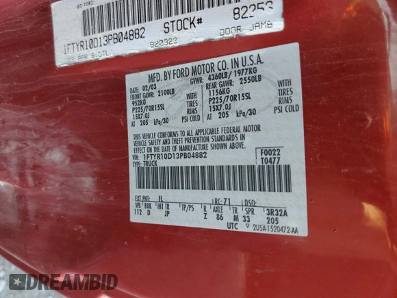 2003 Ford Ranger XL with VIN 1FTYR10D13PB04882, listed as a Copart auction lot 63454215 with 175,921 mi miles and Salvage title. Bid and sale history available at DreamBid. Image 13.