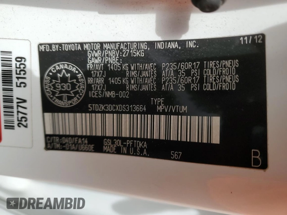 2013 Toyota Sienna L with VIN 5TDZK3DCXDS313664, listed as a Copart auction lot 55080535 with 245,026 mi miles and Salvage Title. Bid and sale history available at carsss.com. Image 13.