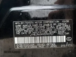 2009 Lexus ES with VIN JTHBJ46G492293757, listed as a Copart auction lot 53631575 with 122,293 mi miles and Non Repairable. Bid and sale history available at carsss.com. Image 12.