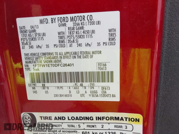 2013 Ford F-150 XL with VIN 1FTFW1ET0DFC26401, listed as a IAAI auction lot 42384748 with 154,075 mi miles and . Bid and sale history available at DreamBid. Image 9.