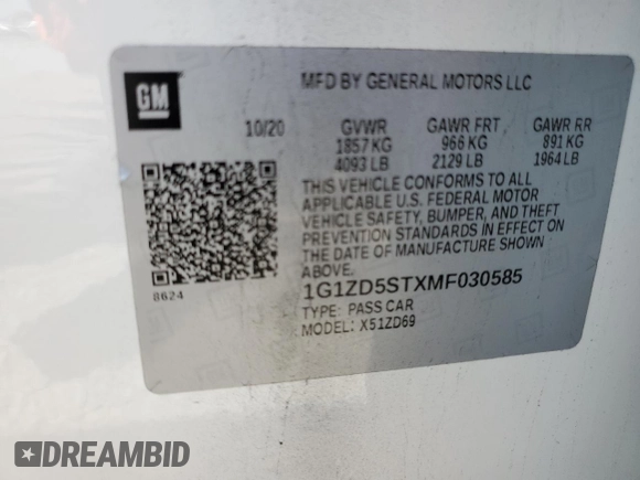 2021 Chevrolet Malibu LT with VIN 1G1ZD5STXMF030585, listed as a Copart auction lot 50322975 with 127,990 mi miles and Clean Title. Bid and sale history available at DreamBid. Image 12.