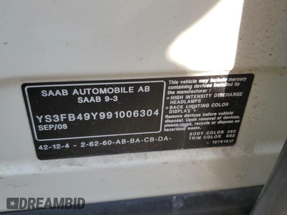 2009 Saab 9-3 Comfort z VIN YS3FB49Y991006304, wystawiony jako Copart lot #45039735 z przebiegiem 125 834 mil mil oraz Szkoda całkowita • Salvage title. Historia ofert i sprzedaży dostępna na DreamBid. Obrazek 12.