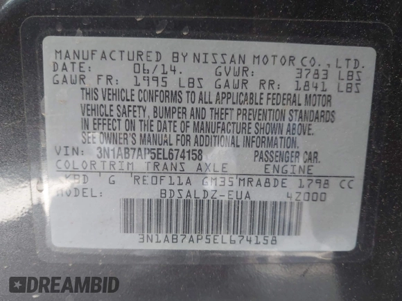 2014 Nissan Sentra SV z VIN 3N1AB7AP5EL674158, wystawiony jako IAAI lot #42542258 z przebiegiem 71 022 mil mil oraz . Historia ofert i sprzedaży dostępna na DreamBid. Obrazek 9.